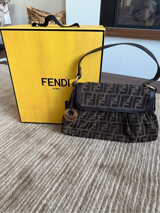 Fendi Handbags - Fendi Brown FF Logo Canvas Shoulder Bag with Charm